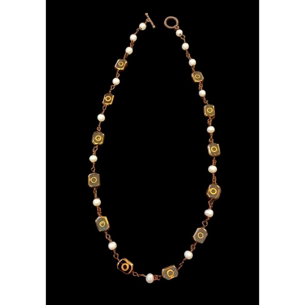 Handmade Bronze Real Faceted Pearl And Hand Painted Glass Bead Necklace 20"